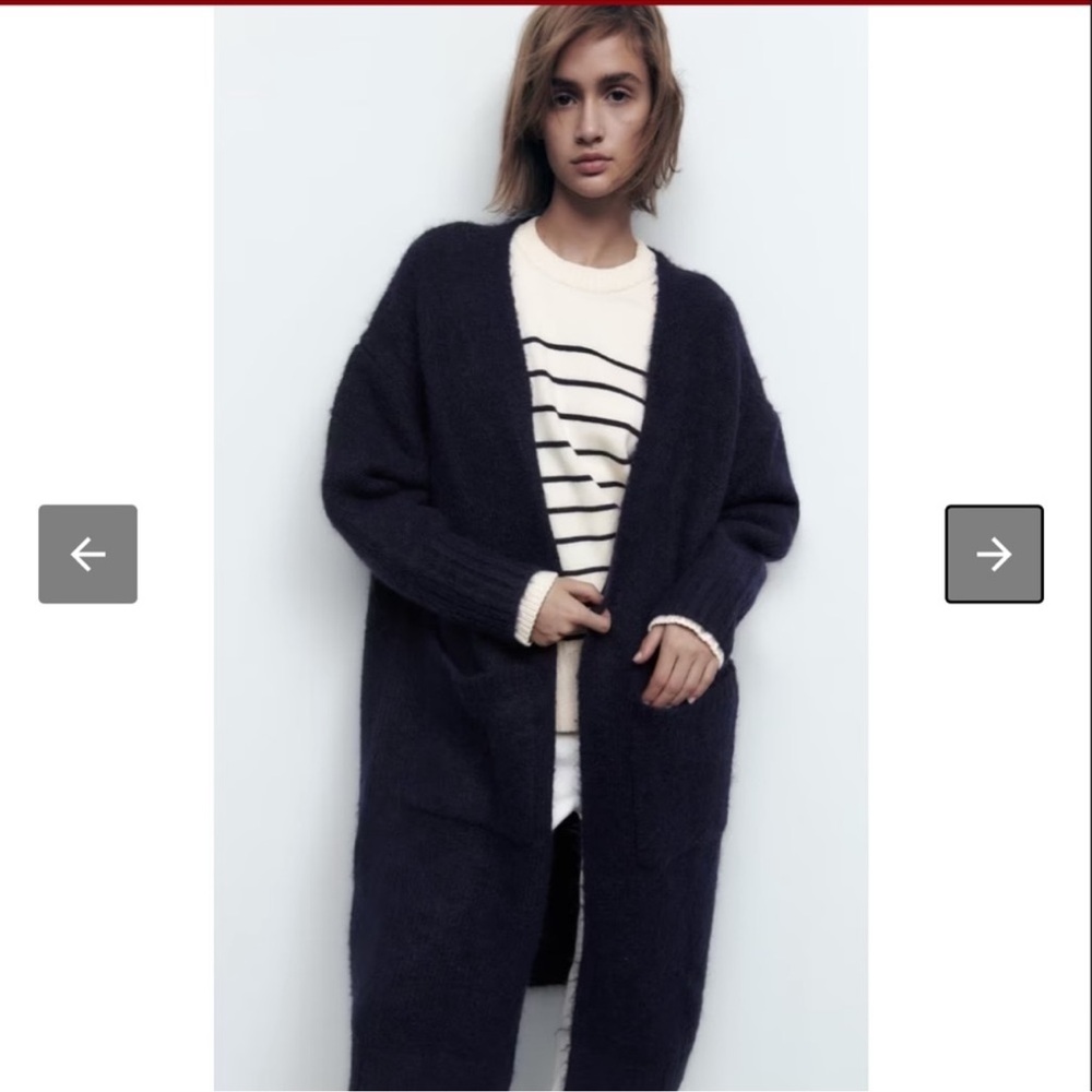 New Zara $69 Wool Blend Navy Blue Long Cardigan with Pockets Medium Large - Picture 4 of 13